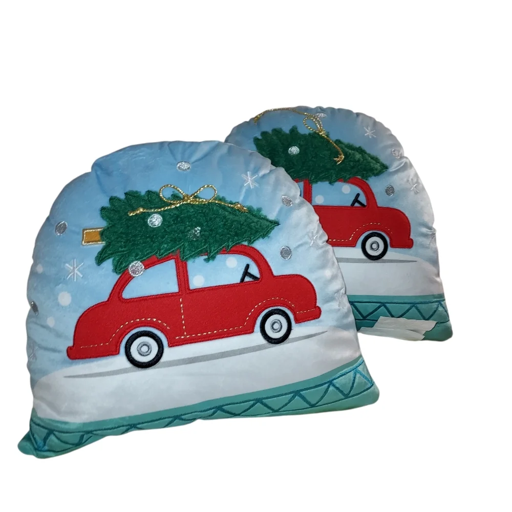 New Lot Of 2 Red Car W/ Christmas Tree Pillows in Light Blue Decor (14